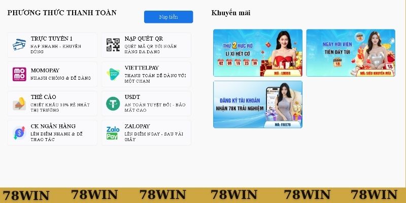 Hướng dẫn nạp tiền 78WIN đơn giản